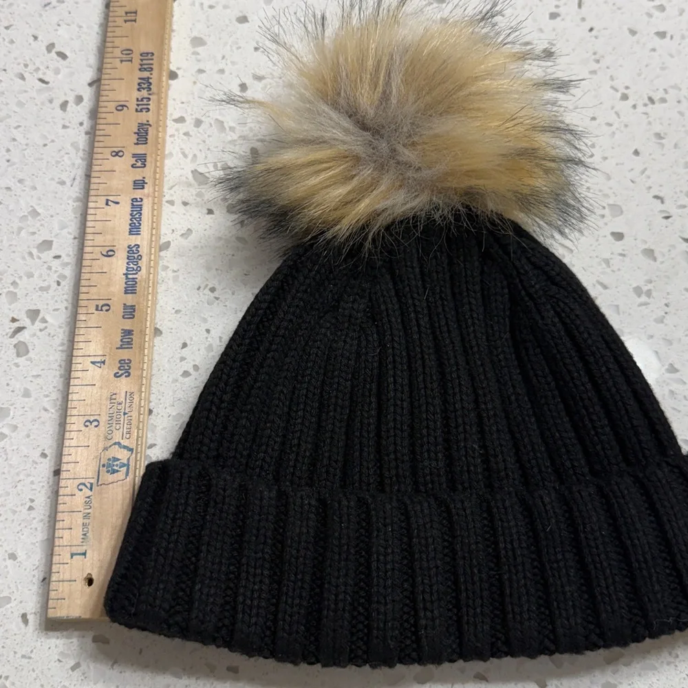 J. Crew NEW Black Wool Blend Knit Beanie with Faux Fur Pom-Pom OS ski snow bunny